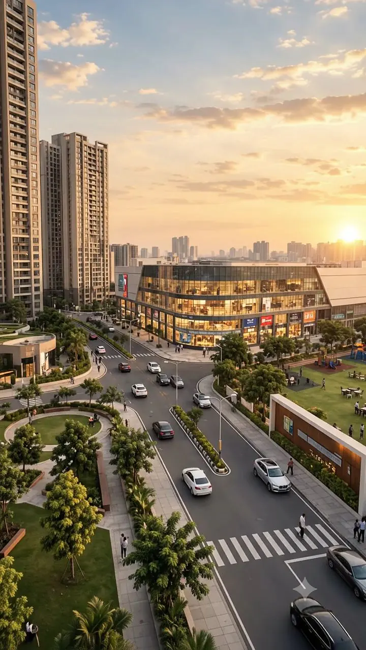 Drone view rising from the street over gardens, a shopping centre and neighbouring towers (representative image)